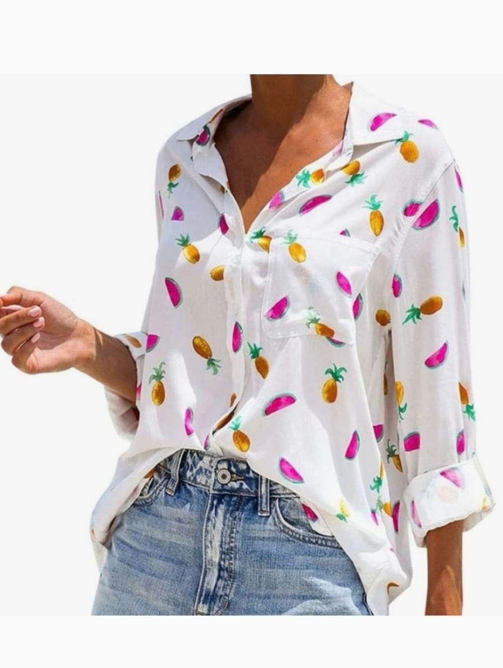 Velvet Heart Sz Large White Pineapple & Watermelon Button-Down Shirt